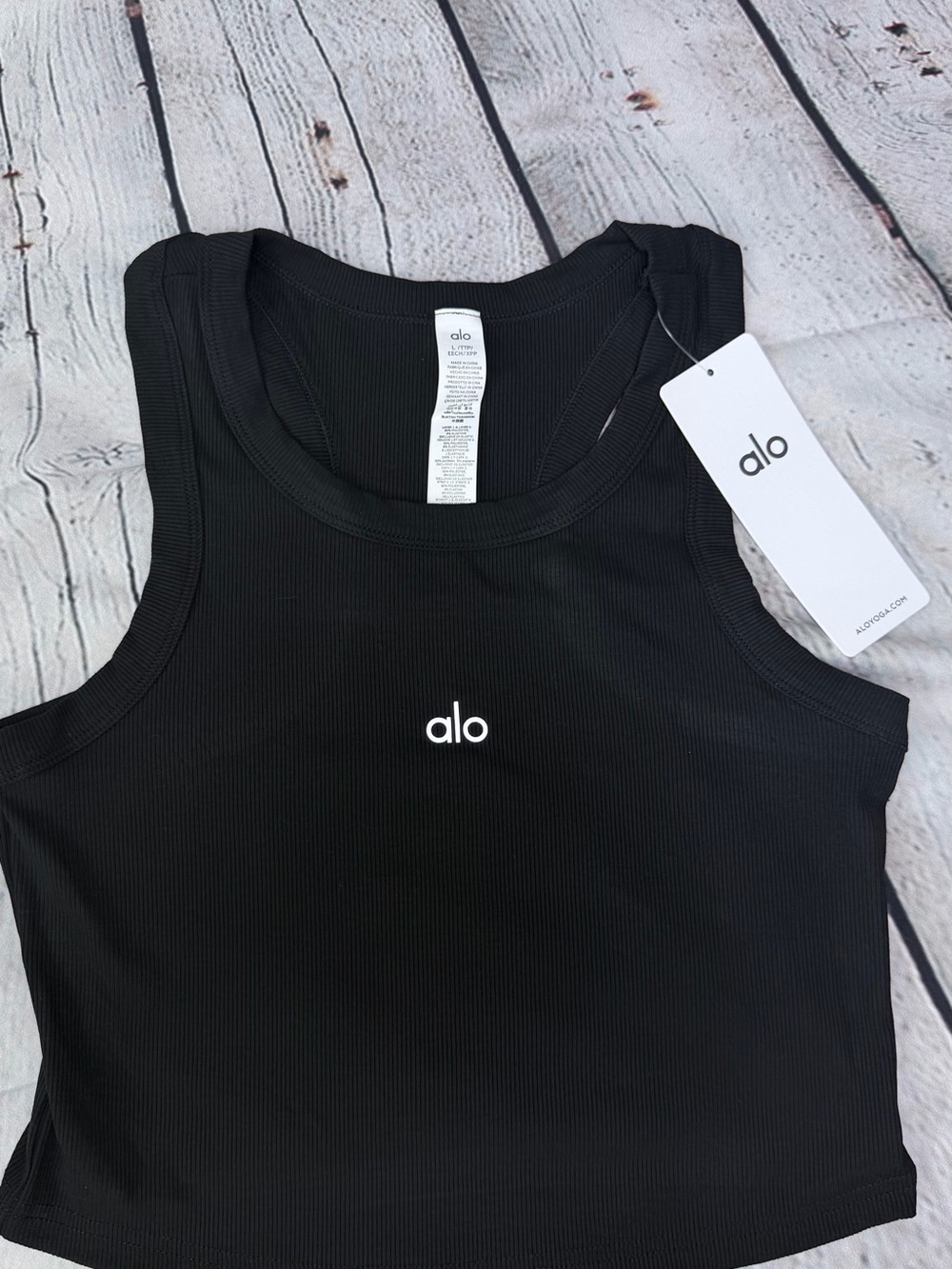 ALO Yoga Black Ribbed Crop Tank with White Logo